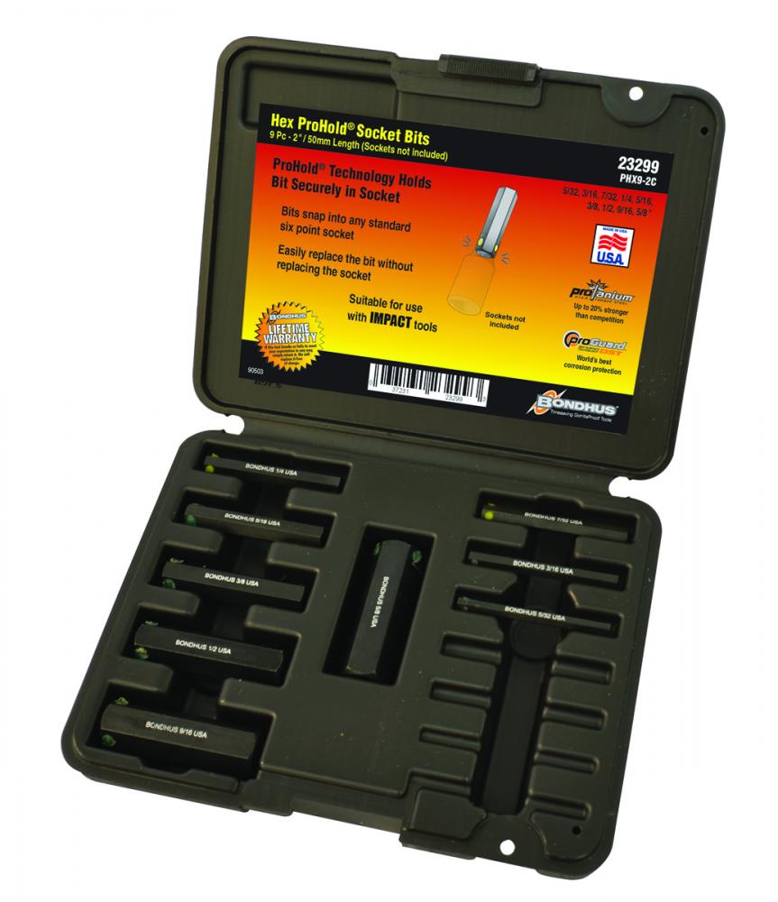 BONDHUS 9PC 2&#34; HEX BIT SET (5/32-5/8) - MOULDED CASE