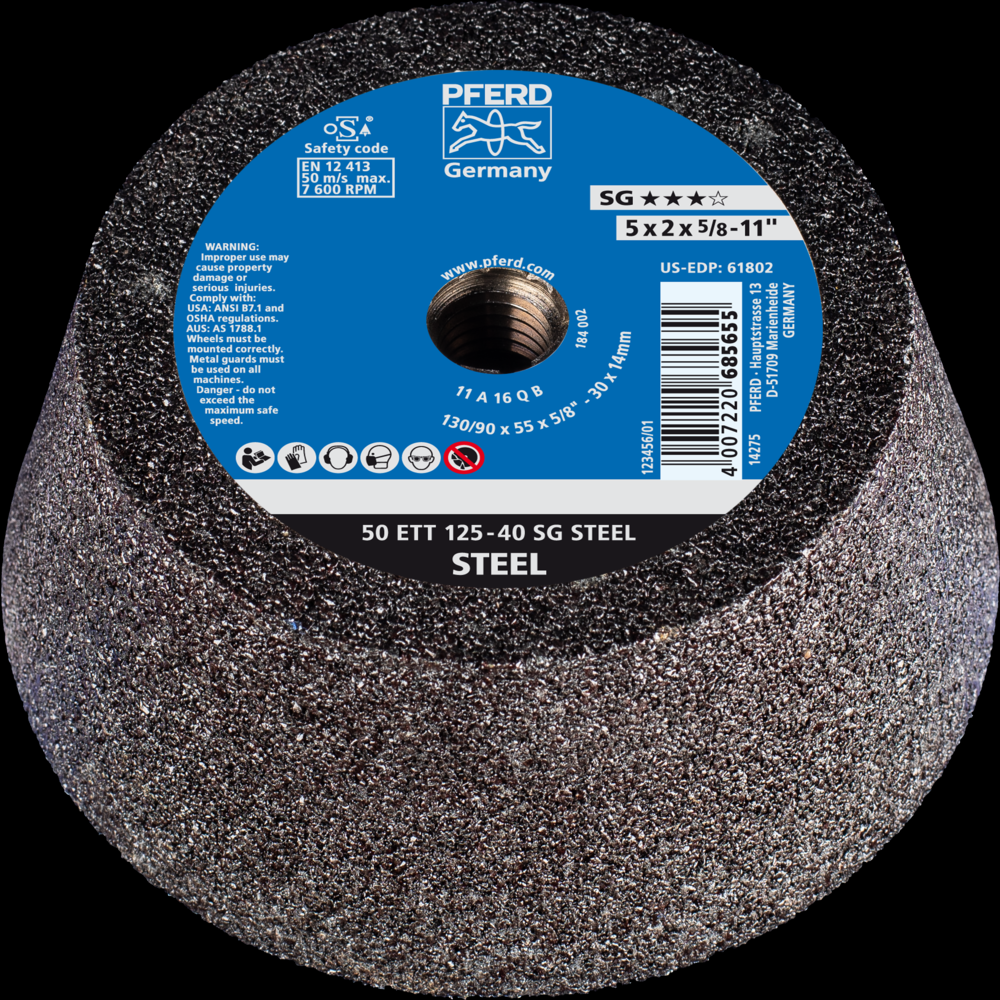 PFERD Cup Wheel, 5&#34; x 3-3/4 x 5/8-11, SG STEEL, T11, Aluminum oxide