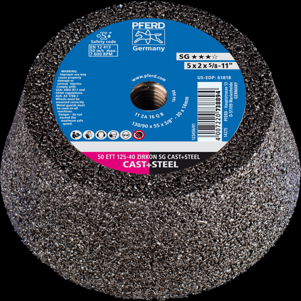 PFERD Cup Wheel, 5&#34; x 3-3/4 x 5/8-11, SG STEEL+CAST, T11, Zirconia, Z