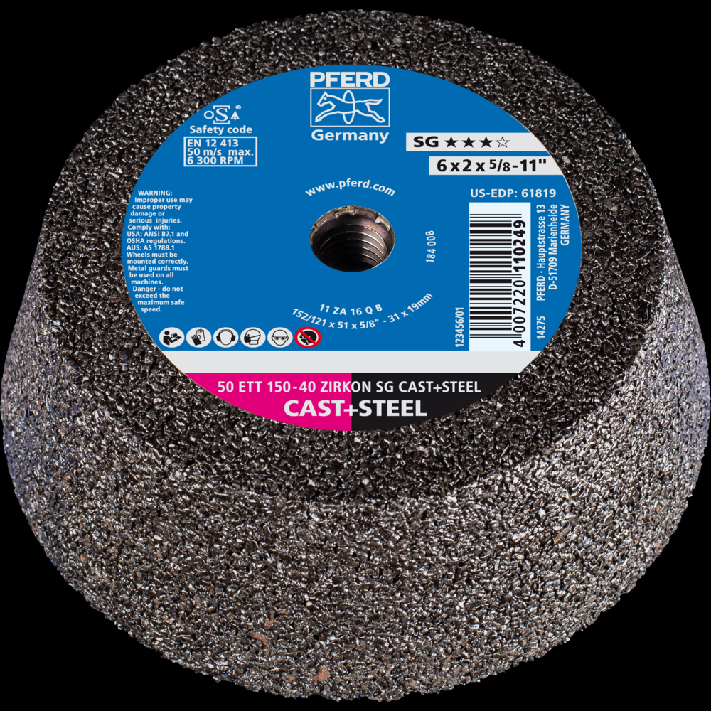 PFERD Cup Wheel, 6&#34; x 4-3/4 x 5/8-11, SG STEEL+CAST, T11, Zirconia, Z