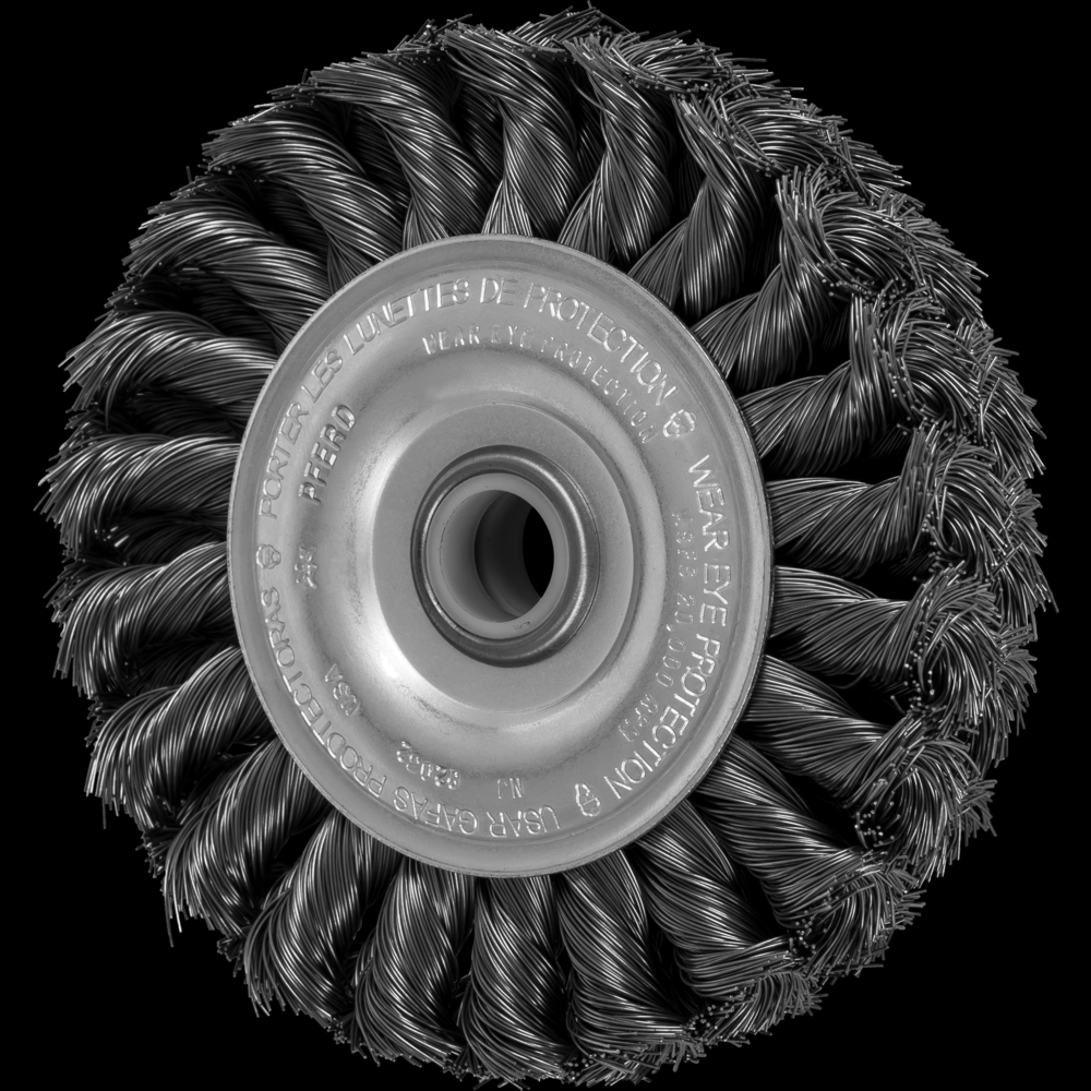 PFERD Knot Wire Wheel Brush 4&#34; Dia. .014 Carbon Steel 5/8-1/2&#34; Arbor