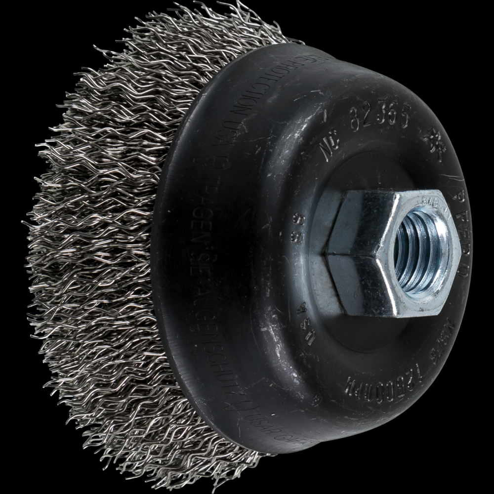 PFERD Crimped Wire Cup Brush 3-1/2&#34; Dia. .020 Stainless Steel 5/8-11&#34; Thread