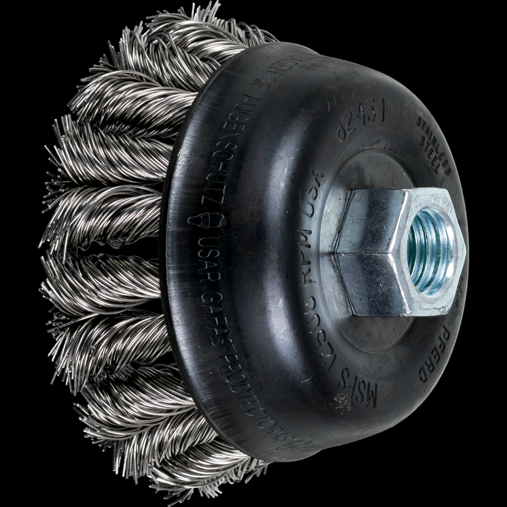 PFERD COMBITWIST® Knot Wire Cup Brush 3-1/2&#34; Dia. .020 Stainless Steel 5/8-11&#34; Thread