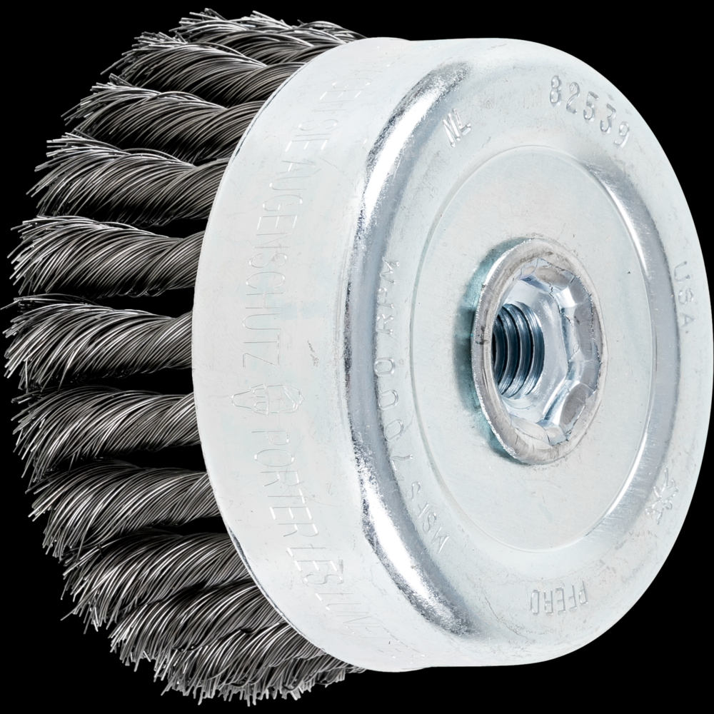 PFERD Knot Wire Cup Brush 4&#34; Dia. .014 Carbon Steel 5/8-11&#34; Thread (int.)