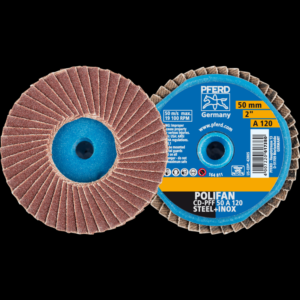 PFERD Mini Flap Disc, 2&#34; Dia, Type CD, 120 Grit, Flat, Aluminum oxide