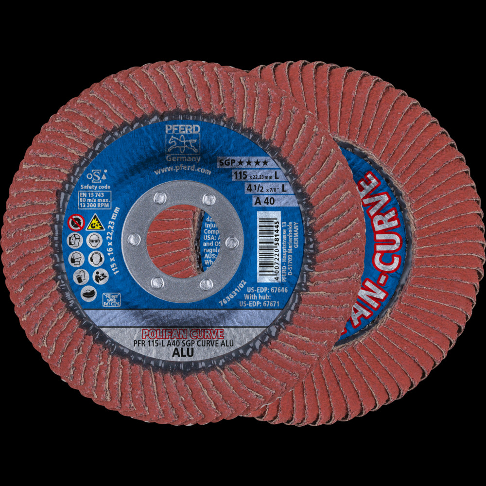 PFERD Flap Disc, 4-1/2&#34; x 7/8, A SGP CURVE ALU, 40 Grit, Large Radius, Aluminum Oxide