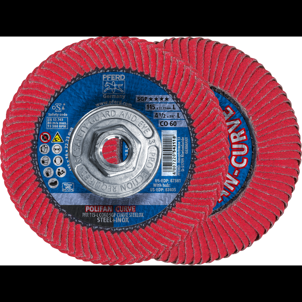 PFERD Flap Disc, 4-1/2&#34;x5/8-11,CO SGP CURVE STEELOX,60 Grit,Large Radius,Ceramic oxide