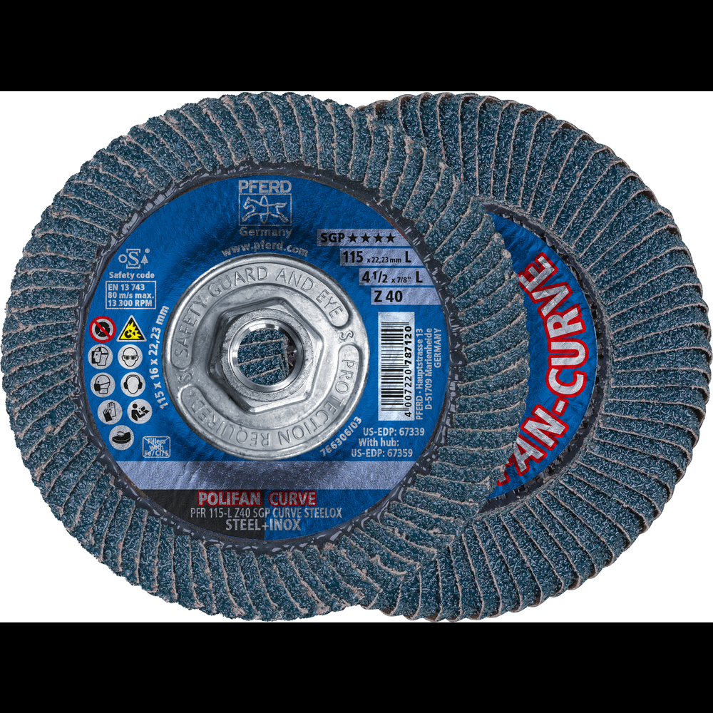 PFERD Flap Disc, 4-1/2&#34; x 5/8-11, Z SGP CURVE STEELOX, 40 Grit, Large Radius, Zirconia