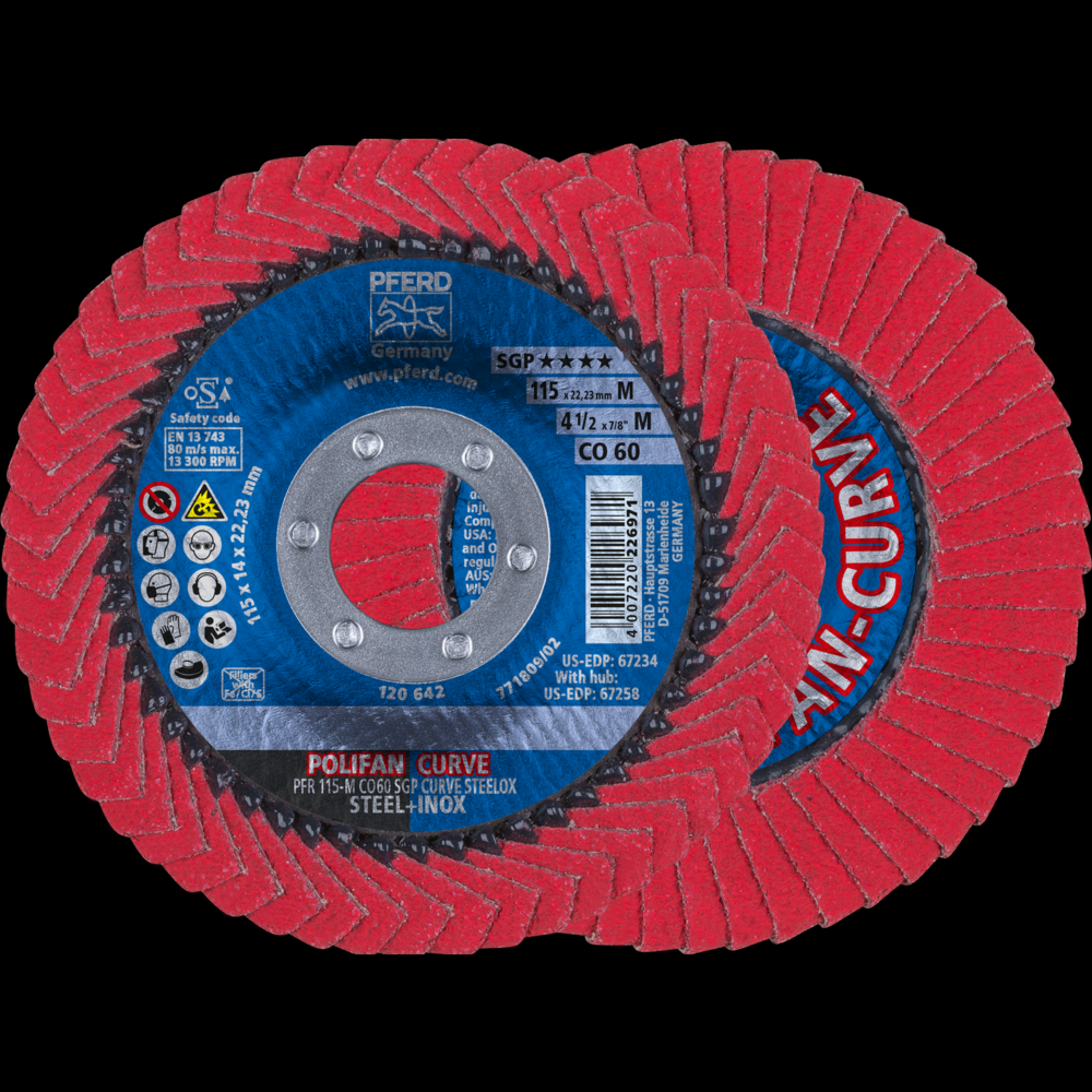 PFERD Flap Disc, 4-1/2&#34; x 7/8,CO SGP CURVE STEELOX,60 Grit,Medium Radius,Ceramic oxide