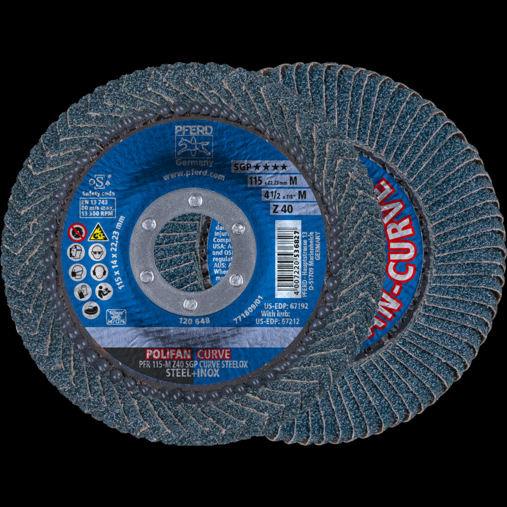 PFERD Flap Disc, 4-1/2&#34; x 7/8, Z SGP CURVE STEELOX, 40 Grit, Medium Radius, Zirconia