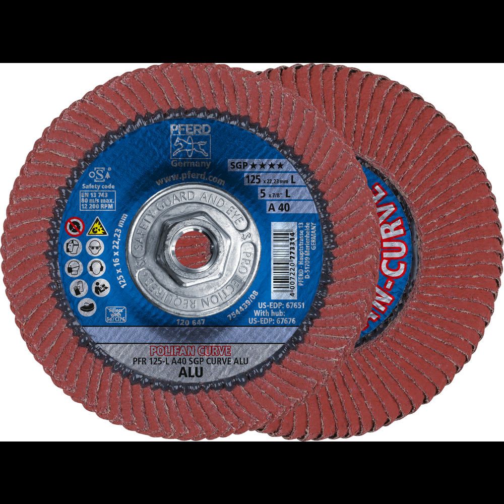 PFERD Flap Disc, 5&#34; x 5/8-11, A SGP CURVE ALU, 40 Grit, Large Radius, Aluminum oxide