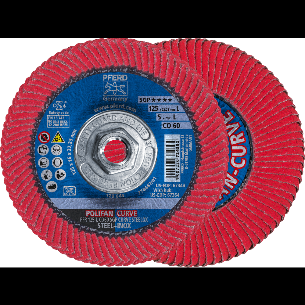 PFERD Flap Disc, 5&#34; x 5/8-11, CO SGP CURVE STEELOX, 60 Grit,Large Radius,Ceramic oxide