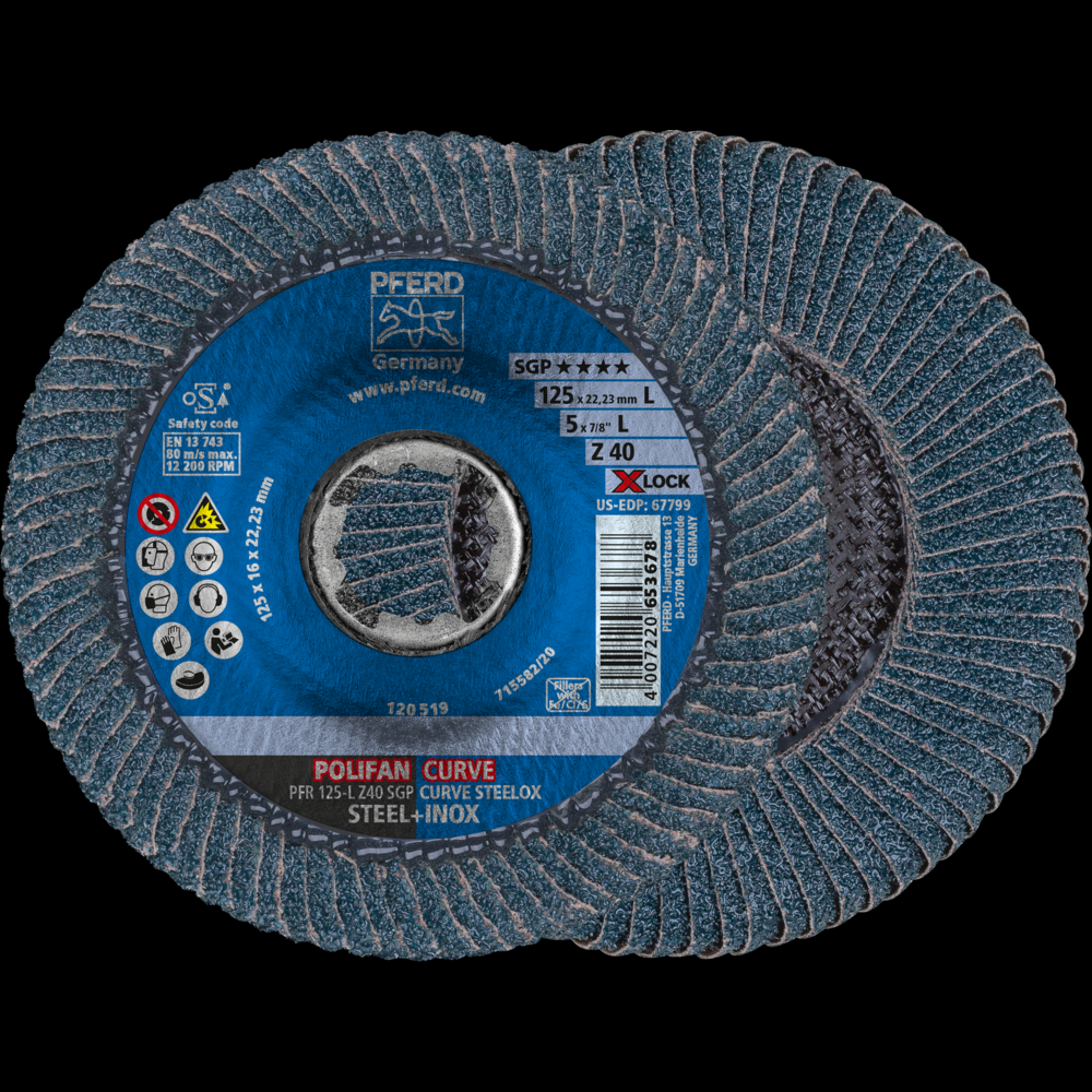 PFERD Flap Disc, 5&#34;, X-LOCK, Z SGP CURVE STEELOX, 40 Grit, Large Radius, Zirconia