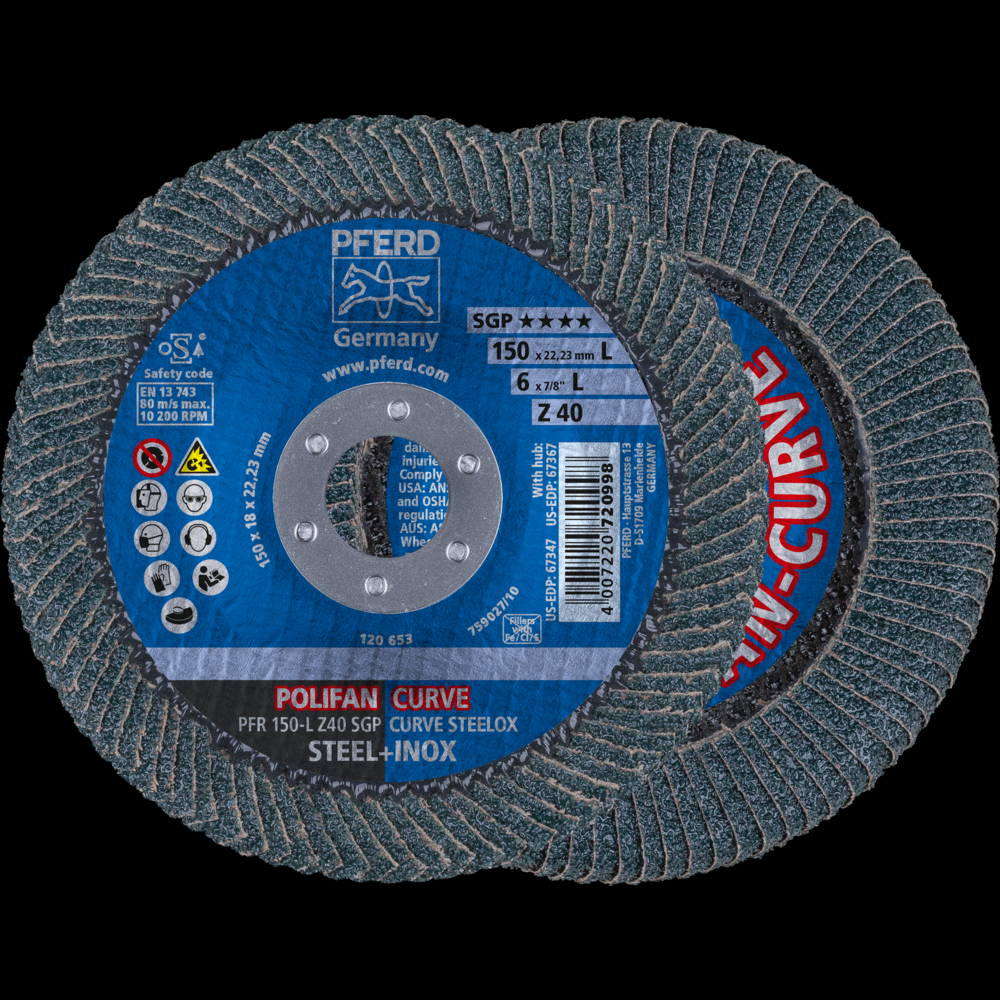 PFERD Flap Disc, 6&#34; x 7/8, Z SGP CURVE STEELOX, 40 Grit, Large Radius, Zirconia