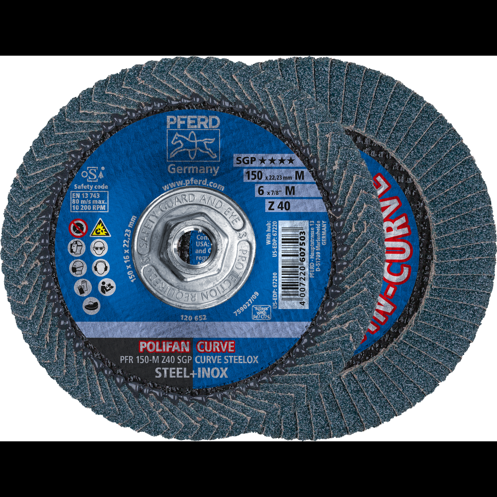 PFERD Flap Disc, 6&#34; x 5/8-11, Z SGP CURVE STEELOX, 40 Grit, Medium Radius, Zirconia