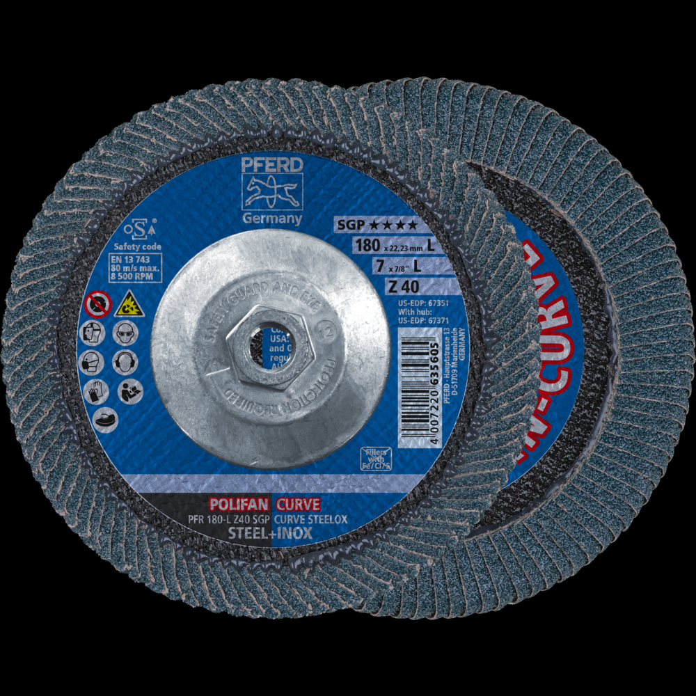 PFERD Flap Disc, 7&#34; x 5/8-11, Z SGP CURVE STEELOX, 40 Grit, Large Radius, Zirconia