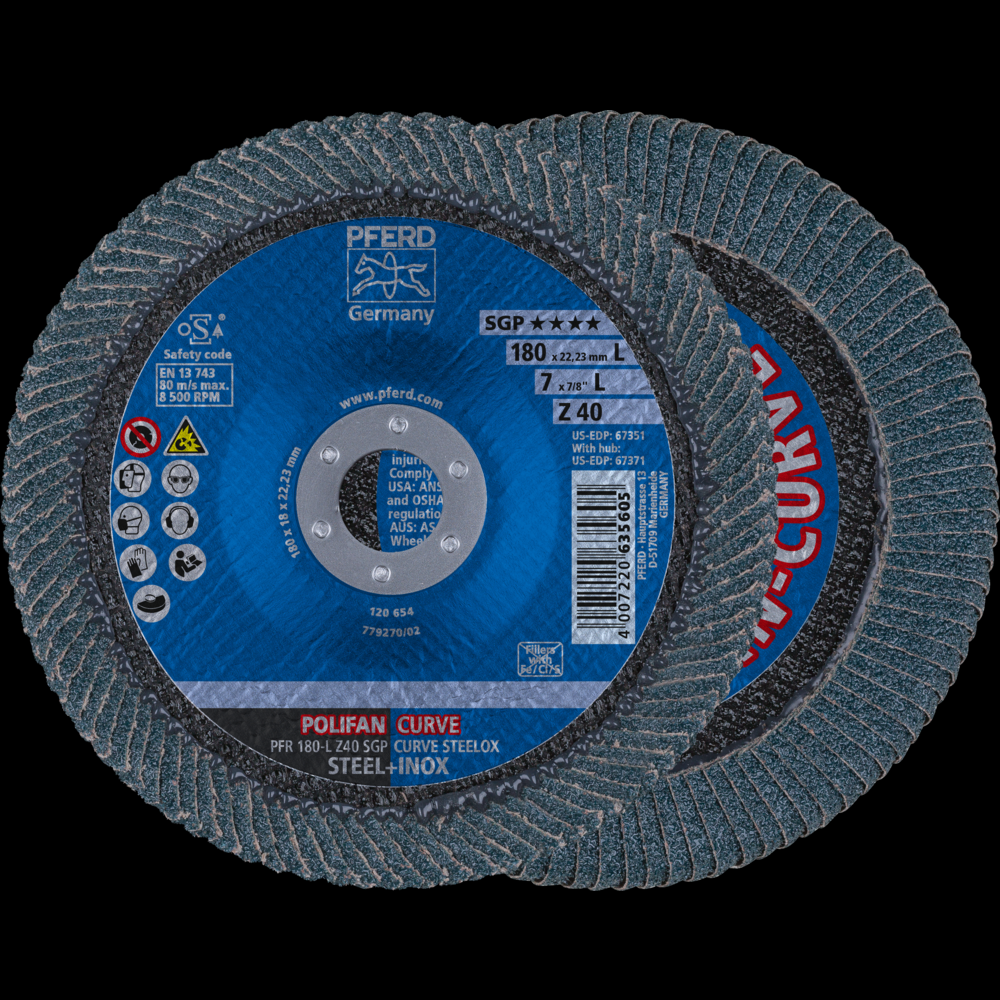 PFERD Flap Disc, 7&#34; x 7/8, Z SGP CURVE STEELOX, 40 Grit, Large Radius, Zirconia