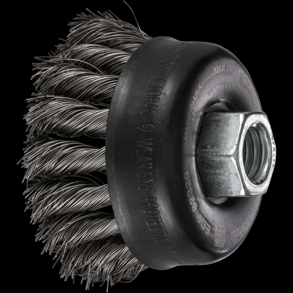 PFERD Knot Wire Cup Brush PSF 2-3/4&#34; Dia. .014 Stainless Steel 5/8-11&#34; Thread Retail