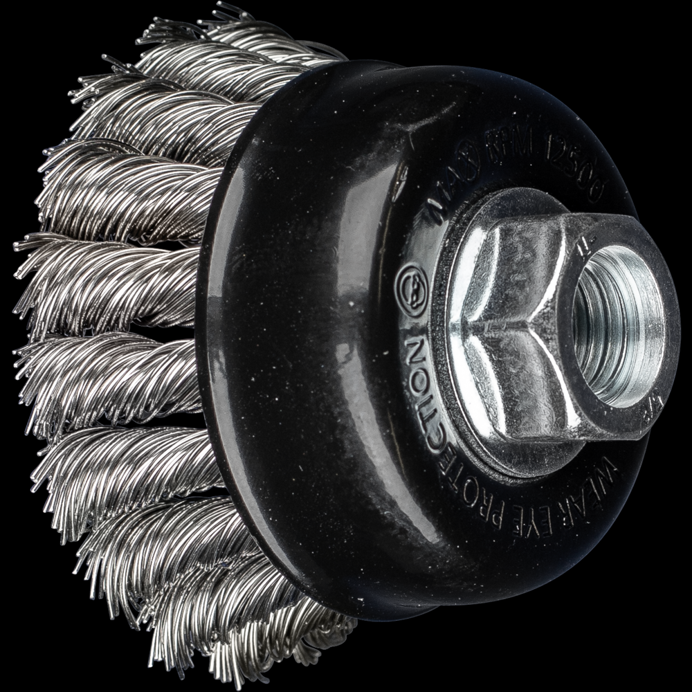 PFERD Knot Wire Cup Brush PSF 2-3/4&#34; Dia. .014 Stainless Steel 5/8-11&#34; Thread