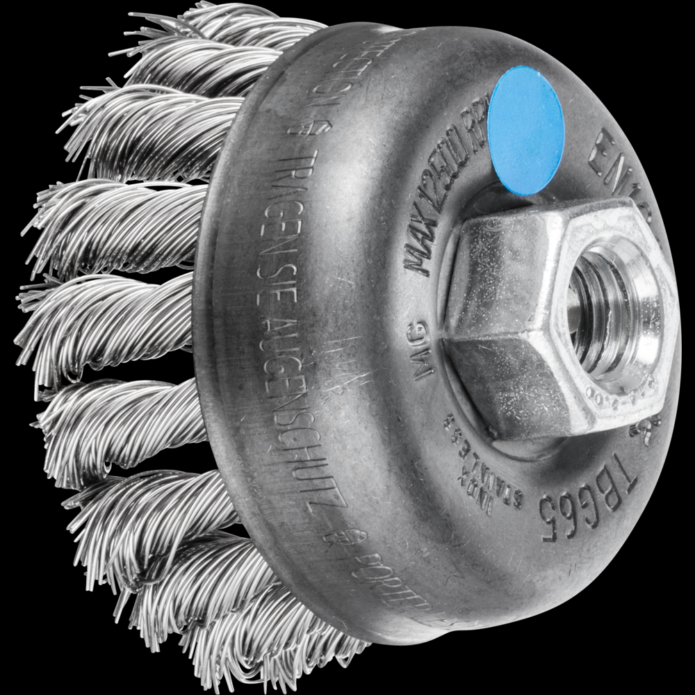 PFERD Knot Wire Cup Brush 2-3/4&#34; Dia. .020 Stainless Steel 3/8-24 Thread