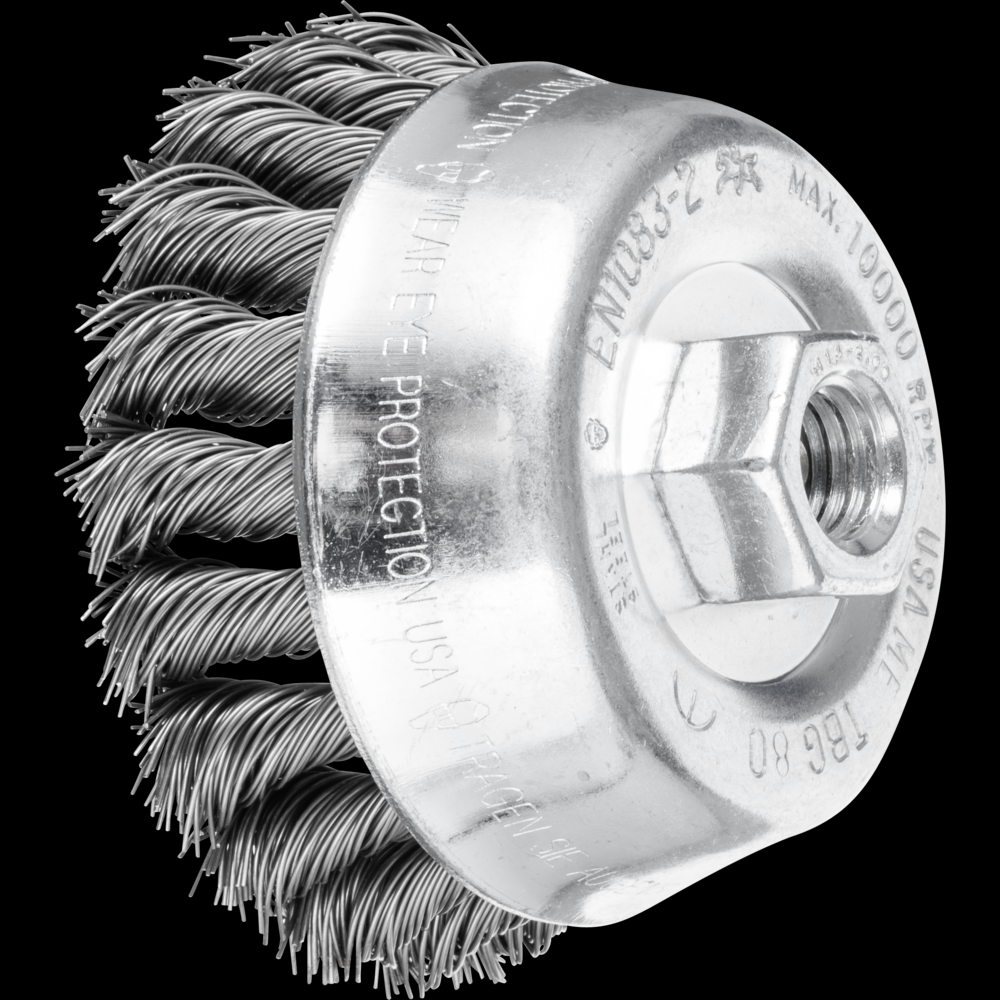 PFERD Knot Wire Cup Brush 3-1/2&#34; Dia. .020 Carbon Steel 5/8-11&#34; Thread